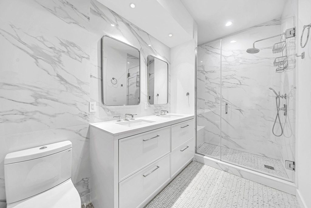 Bathroom, Glass Shower, Interior, Marble Walls, Recessed Lighting