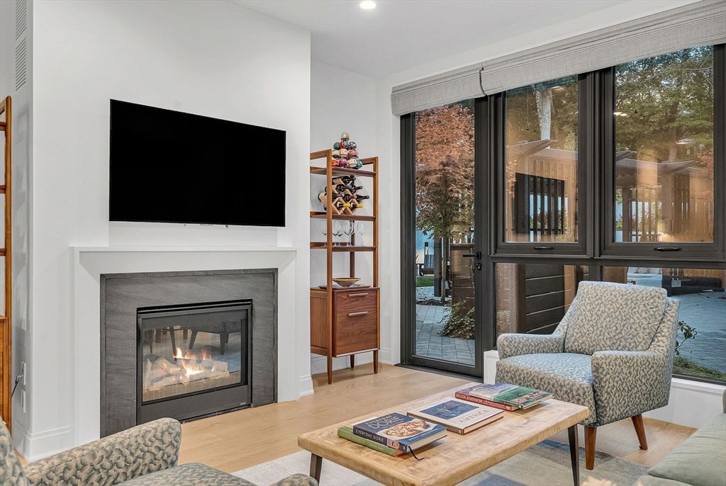Fireplace, Interior, Living room, Recessed Lighting, Wood Texture Flooring