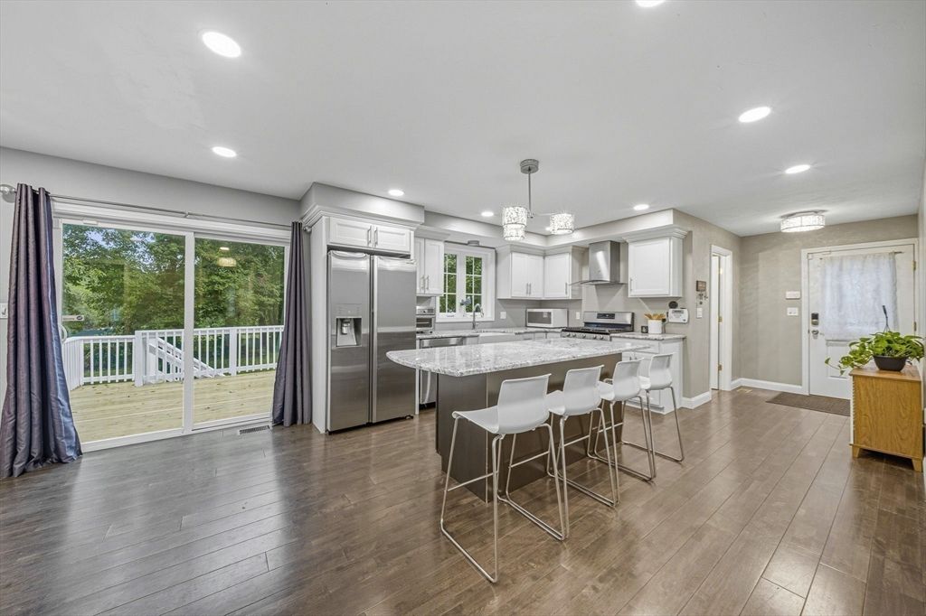 Chandelier, Interior, Kitchen, Recessed Lighting, Stainless Steel Appliances, Wood Texture Flooring