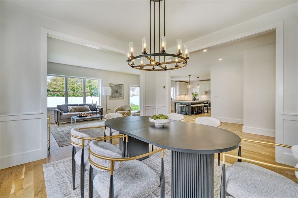 Chandelier, Dining room, Interior, Kitchen, Living room, Pendant Lights, Recessed Lighting, Wood Texture Flooring