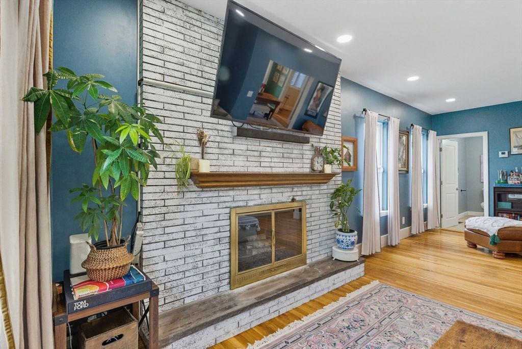 Fireplace, Interior, Recessed Lighting, Stone Walls, Wood Texture Flooring