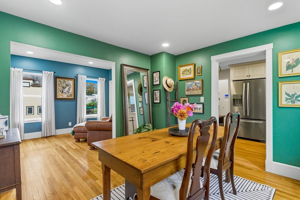 Dining room, Interior, Kitchen, Recessed Lighting, Stainless Steel Appliances, Wood Texture Flooring