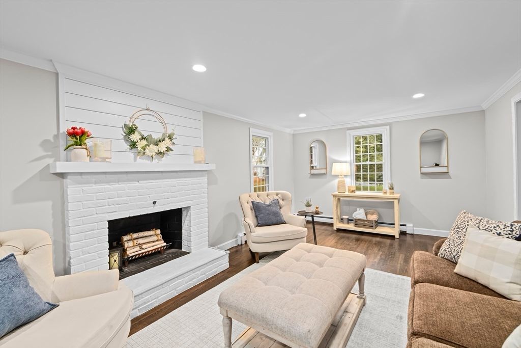 Fireplace, Interior, Living room, Recessed Lighting, Wood Texture Flooring