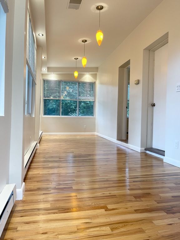Empty room, Interior, Pendant Lights, Recessed Lighting, Wood Texture Flooring