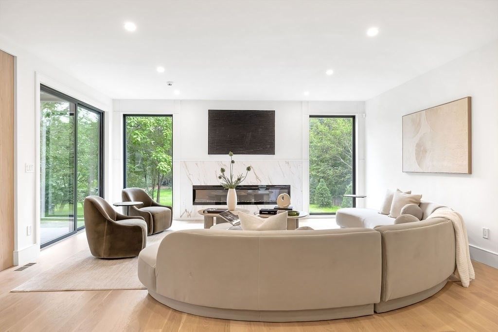 Fireplace, Interior, Living room, Recessed Lighting, Wood Texture Flooring