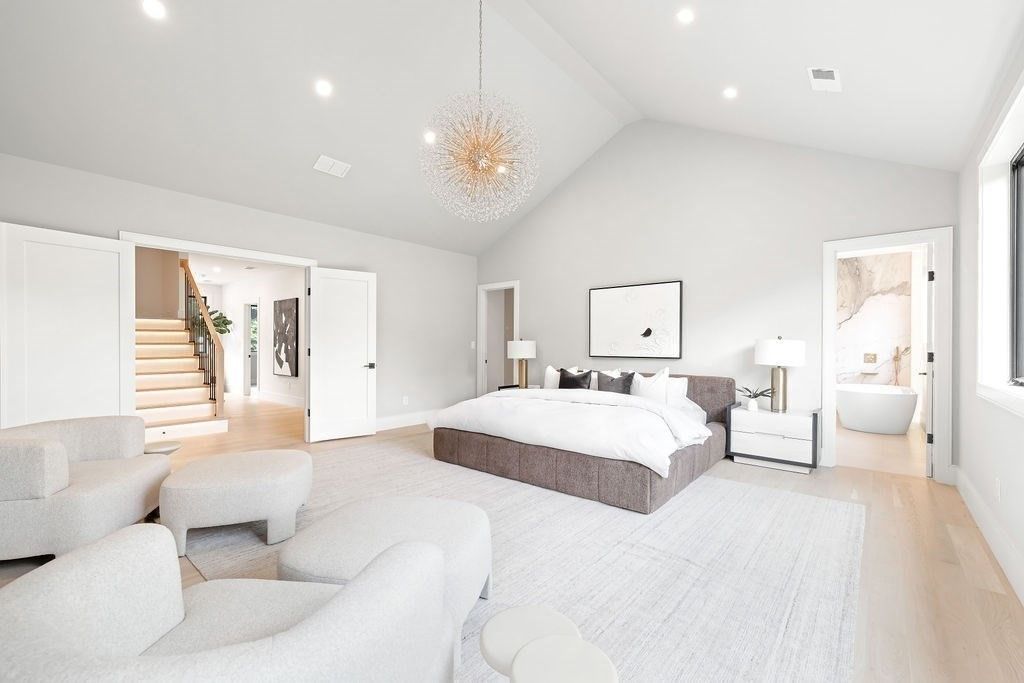 Bedroom, Chandelier, Interior, Pendant Lights, Recessed Lighting, Wood Texture Flooring