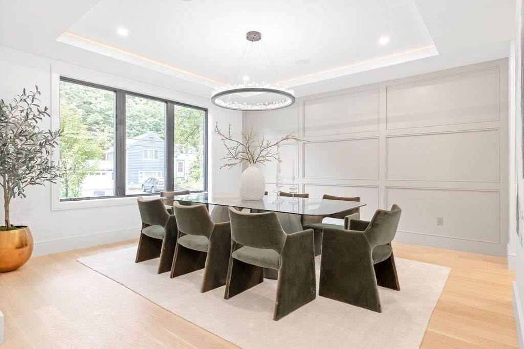 Dining room, Interior, Pendant Lights, Recessed Lighting, Wood Texture Flooring