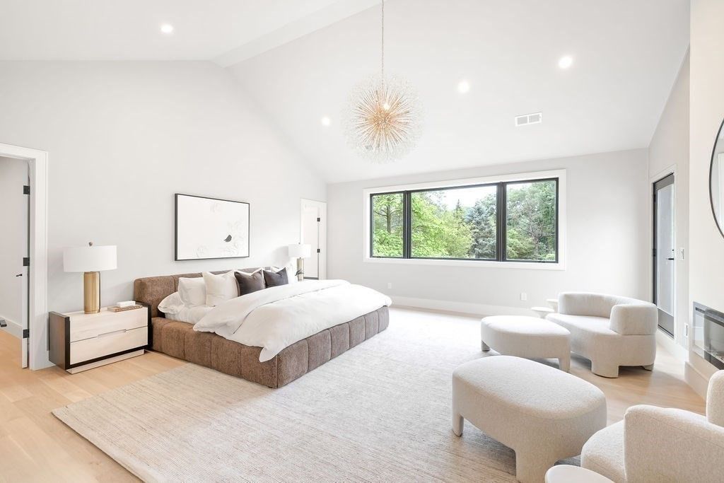 Bedroom, Interior, Pendant Lights, Recessed Lighting, Wood Texture Flooring