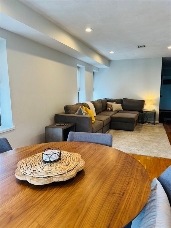 Dining room, Interior, Living room, Recessed Lighting, Wood Texture Flooring