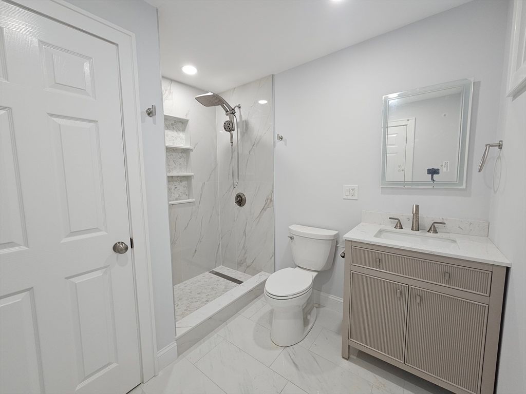 Bathroom, Glass Shower, Interior, Marble, Marble Walls, Recessed Lighting