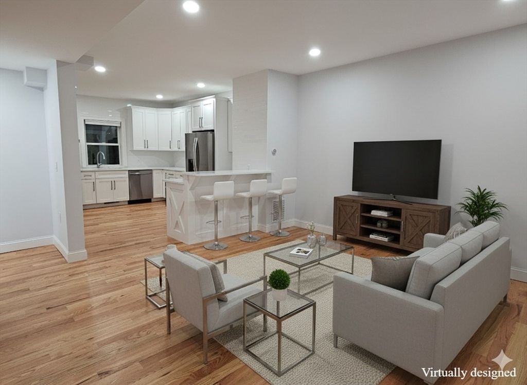 Interior, Kitchen, Living room, Recessed Lighting, Stainless Steel Appliances, Wood Texture Flooring