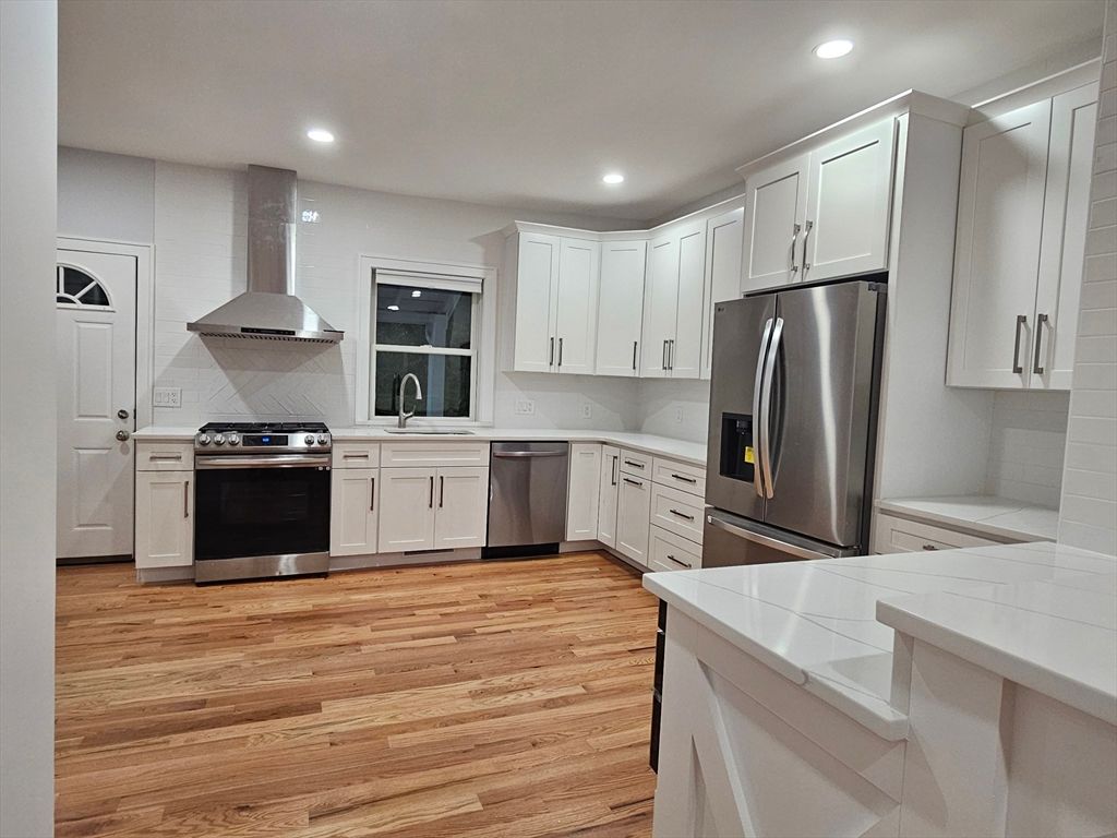 Interior, Kitchen, Recessed Lighting, Stainless Steel Appliances, Wood Texture Flooring