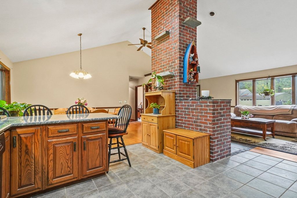 Dining room, Fireplace, Interior, Living room, Pendant Lights, Stone Walls