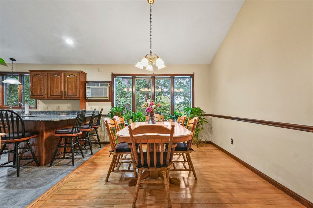 Dining room, Interior, Pendant Lights, Recessed Lighting, Wood Texture Flooring