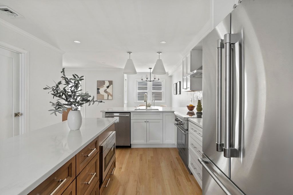 Interior, Kitchen, Pendant Lights, Recessed Lighting, Stainless Steel Appliances, Wood Texture Flooring