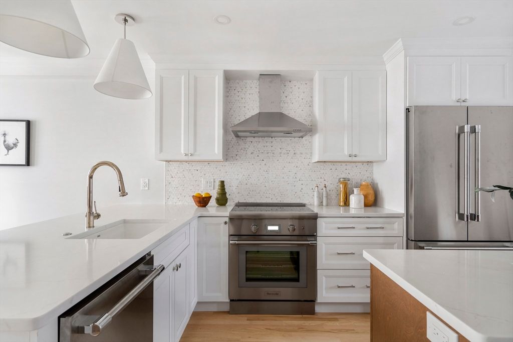 Interior, Kitchen, Pendant Lights, Stainless Steel Appliances, Wood Texture Flooring