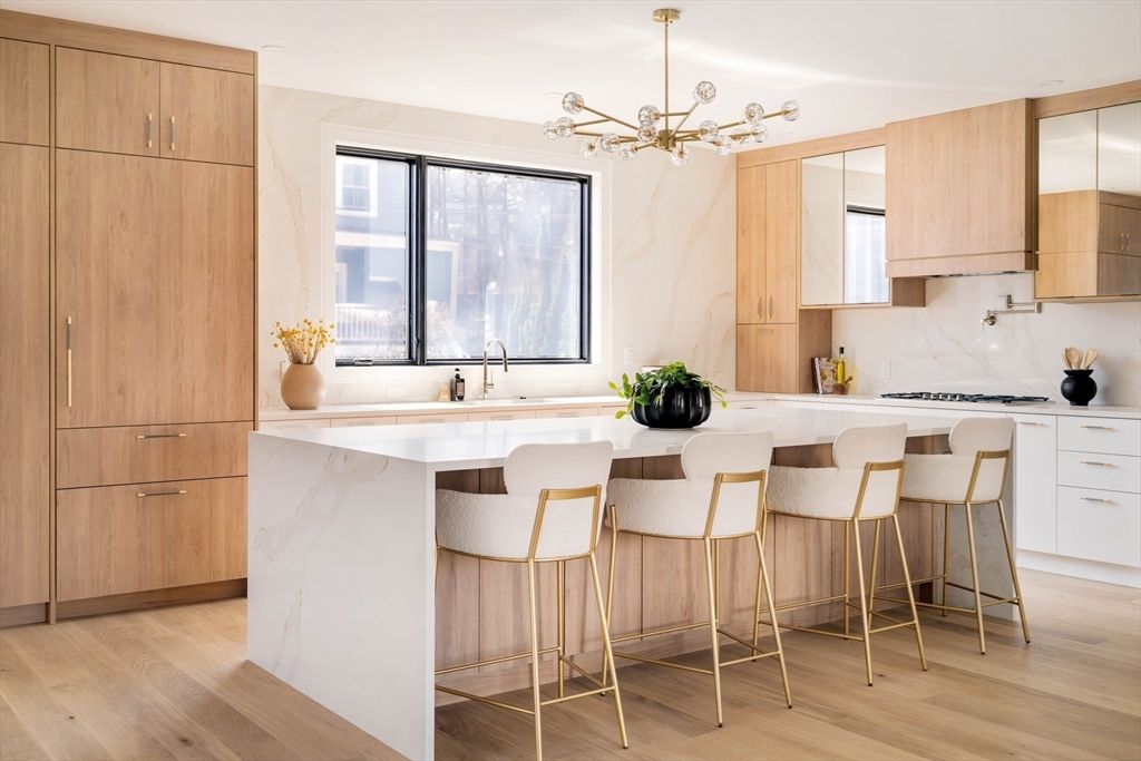 Interior, Kitchen, Marble Walls, Pendant Lights, Wood Texture Flooring