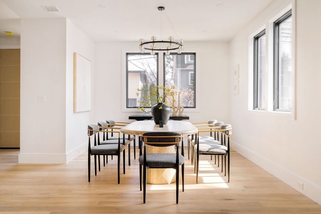 Dining room, Interior, Pendant Lights, Recessed Lighting, Wood Texture Flooring