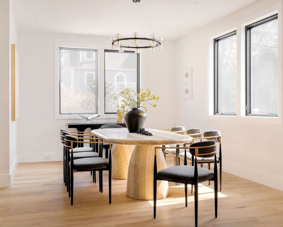 Dining room, Interior, Pendant Lights, Wood Texture Flooring
