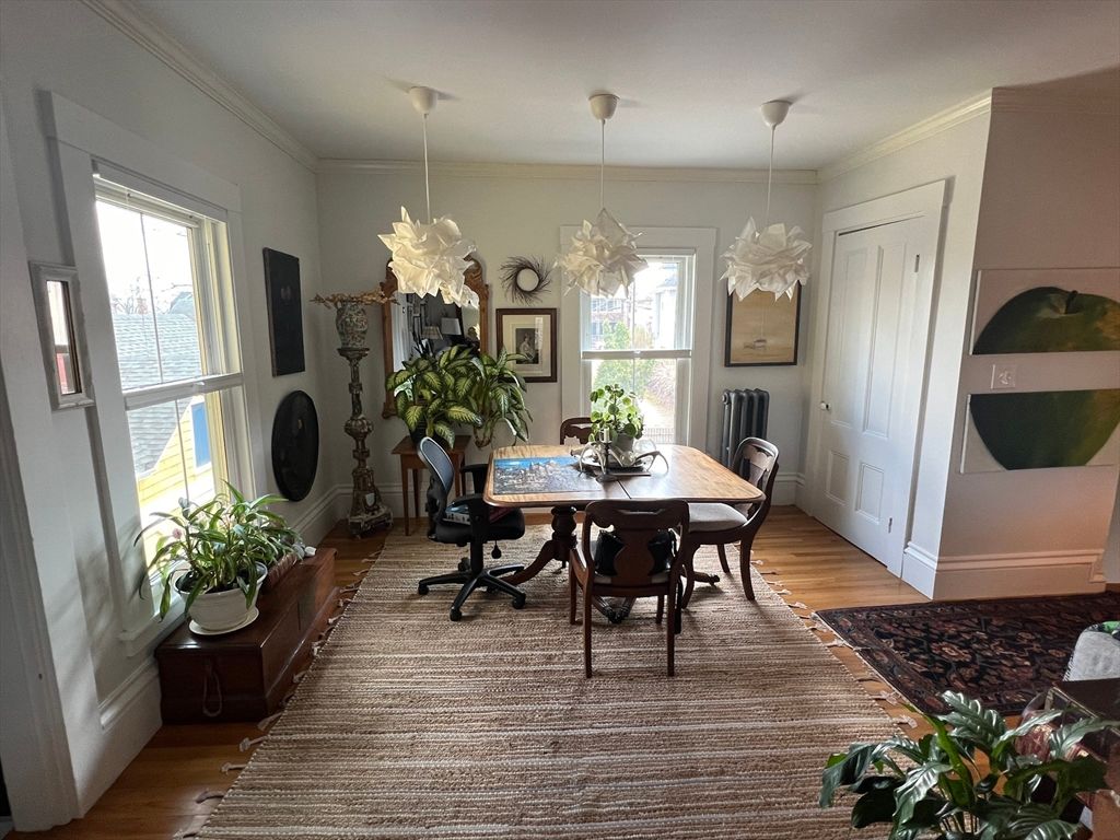 Dining room, Interior, Pendant Lights, Wood Texture Flooring