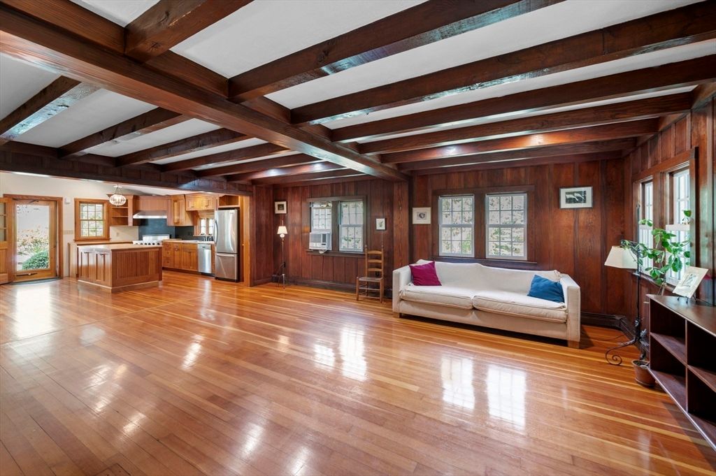 Interior, Kitchen, Living room, Stainless Steel Appliances, Wooden Beams, Wood Texture Flooring, Wooden Walls