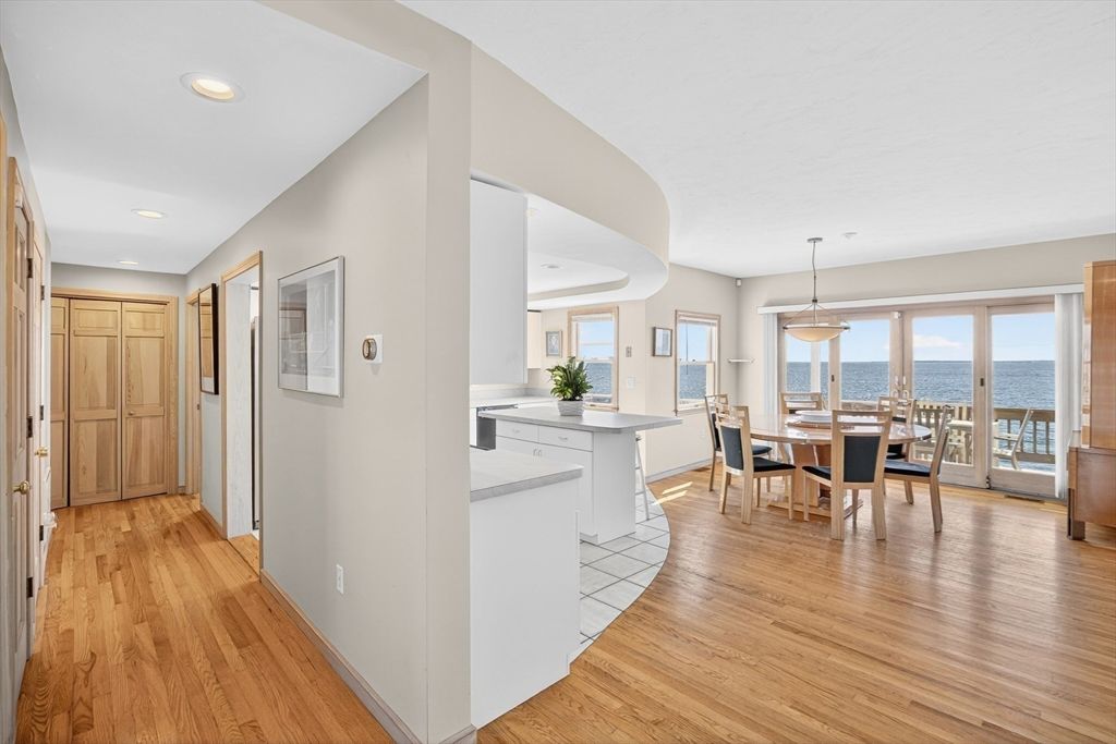 Dining room, Interior, Kitchen, Pendant Lights, Recessed Lighting, Water, Wood Texture Flooring