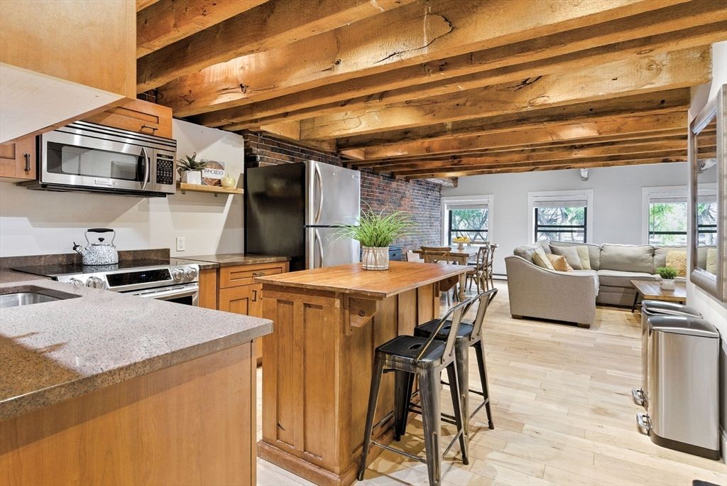 Interior, Kitchen, Living room, Stainless Steel Appliances, Stone Walls, Wooden Beams, Wooden Ceilings, Wood Texture Flooring