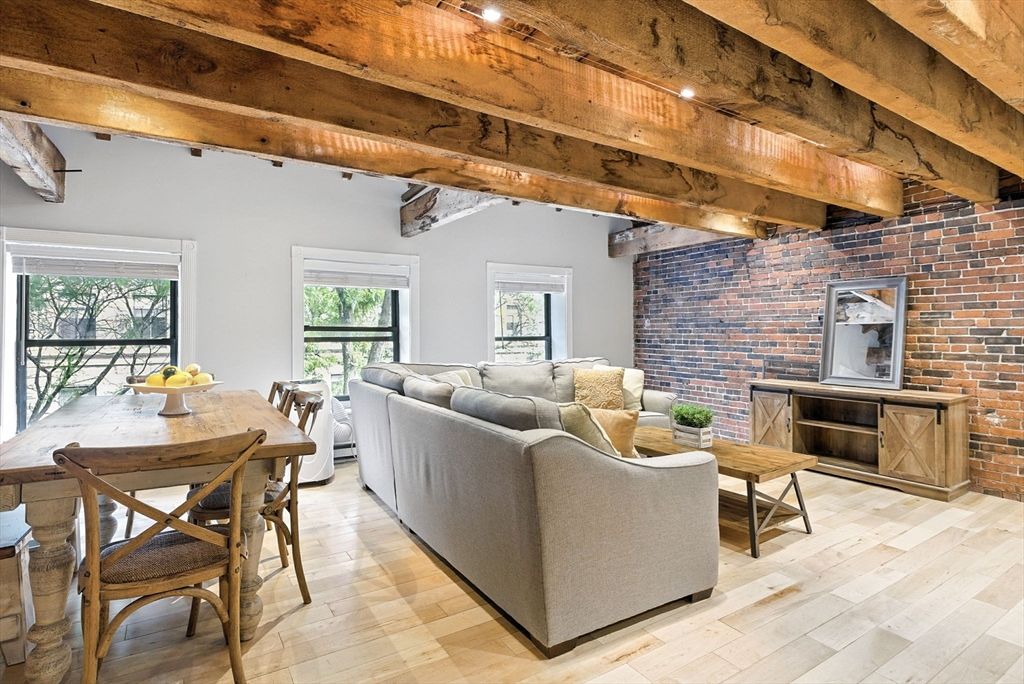 Dining room, Interior, Living room, Stone Walls, Wooden Beams, Wood Texture Flooring