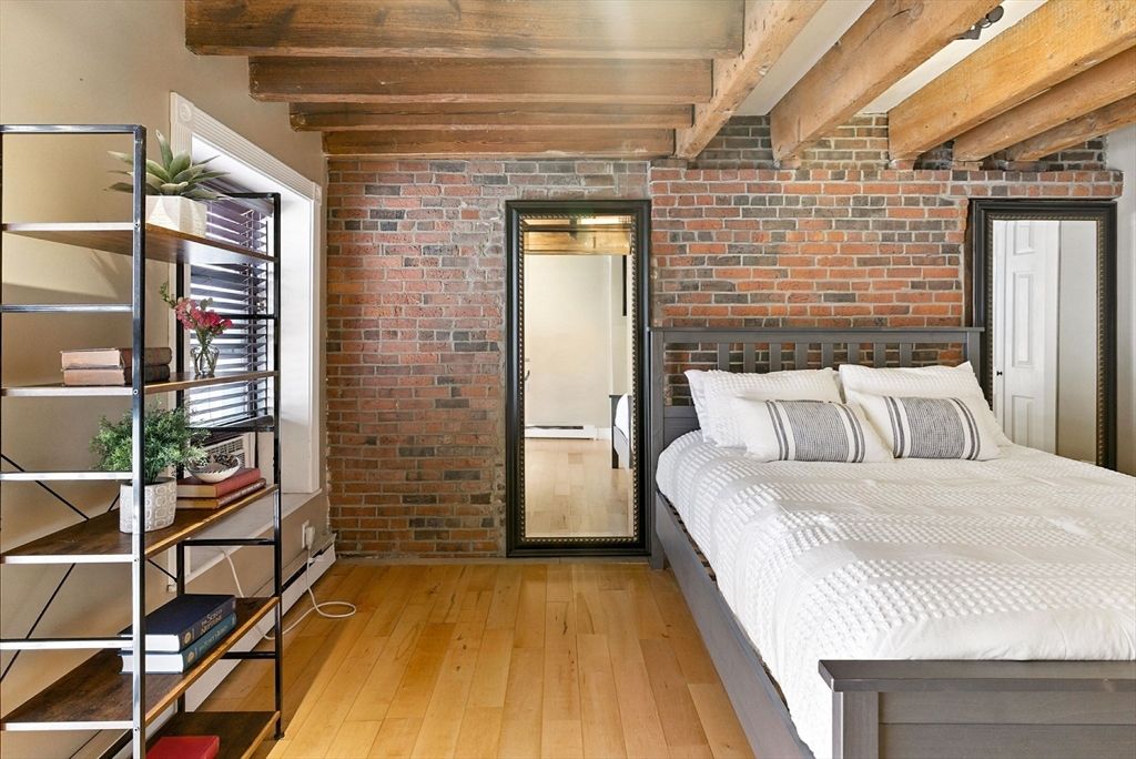 Bedroom, Interior, Stone Walls, Wooden Beams, Wood Texture Flooring