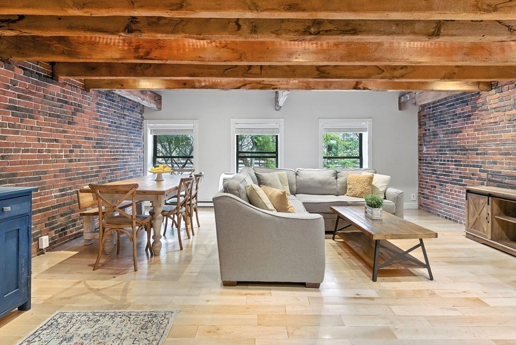 Dining room, Fireplace, Interior, Living room, Stone Walls, Wooden Beams, Wood Texture Flooring
