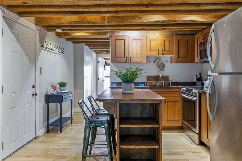 Interior, Kitchen, Stainless Steel Appliances, Wooden Beams, Wood Texture Flooring