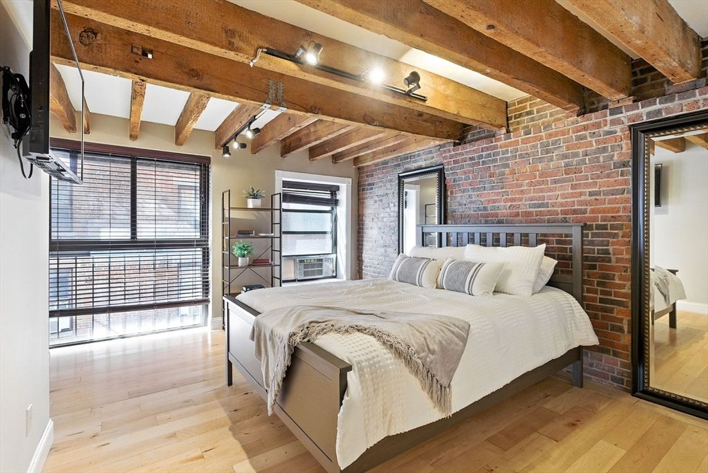 Bedroom, Interior, Stone Walls, Wooden Beams, Wood Texture Flooring