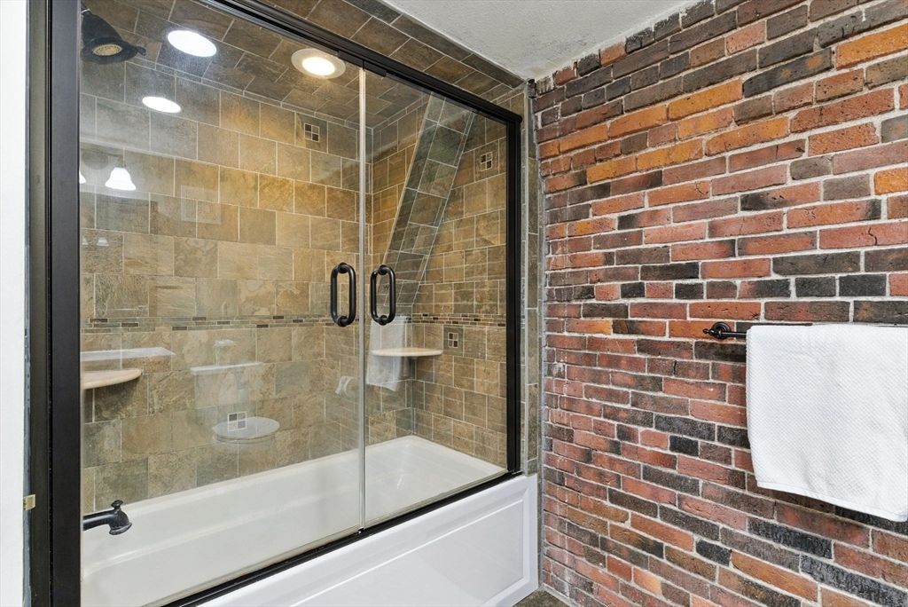 Bathroom, Glass Shower, Interior, Recessed Lighting, Stone Walls