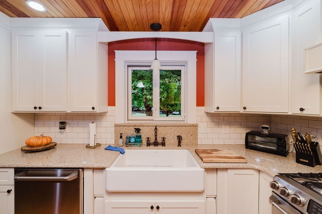Interior, Kitchen, Pendant Lights, Recessed Lighting, Stainless Steel Appliances, Wooden Ceilings