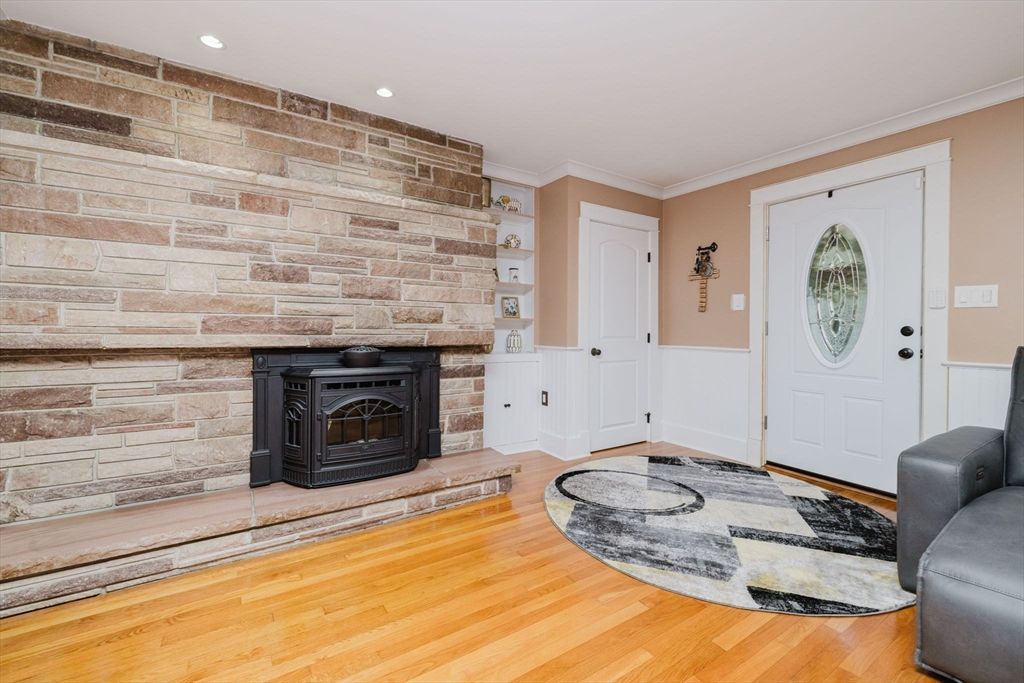 Fireplace, Interior, Recessed Lighting, Stone Walls, Wood Texture Flooring