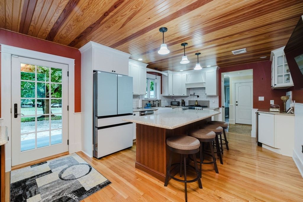 Interior, Kitchen, Pendant Lights, Recessed Lighting, Wooden Ceilings, Wood Texture Flooring
