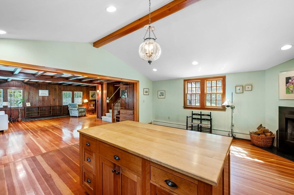 Fireplace, Interior, Pendant Lights, Recessed Lighting, Wooden Beams, Wood Texture Flooring