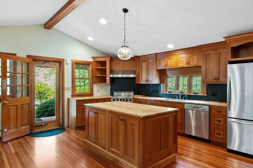 Interior, Kitchen, Pendant Lights, Recessed Lighting, Stainless Steel Appliances, Wooden Beams, Wood Texture Flooring