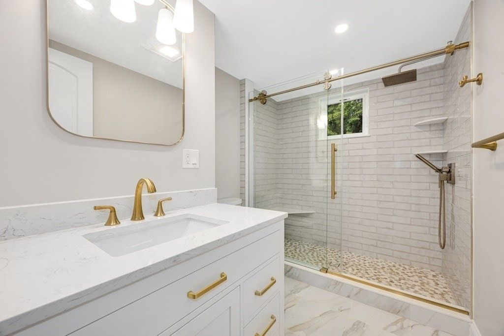 Bathroom, Glass Shower, Interior, Marble, Recessed Lighting