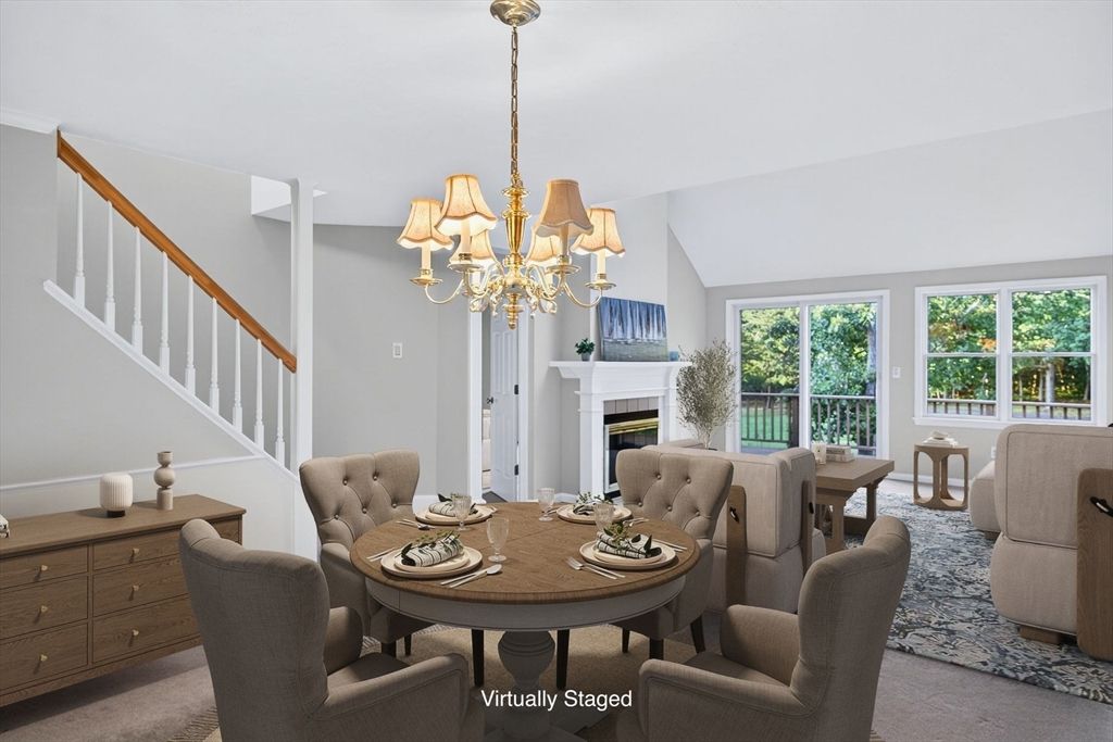 Chandelier, Dining room, Fireplace, Interior