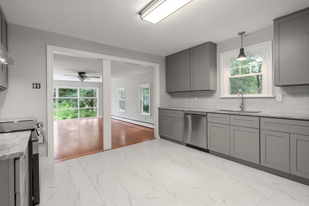 Interior, Kitchen, Marble, Pendant Lights, Wood Texture Flooring