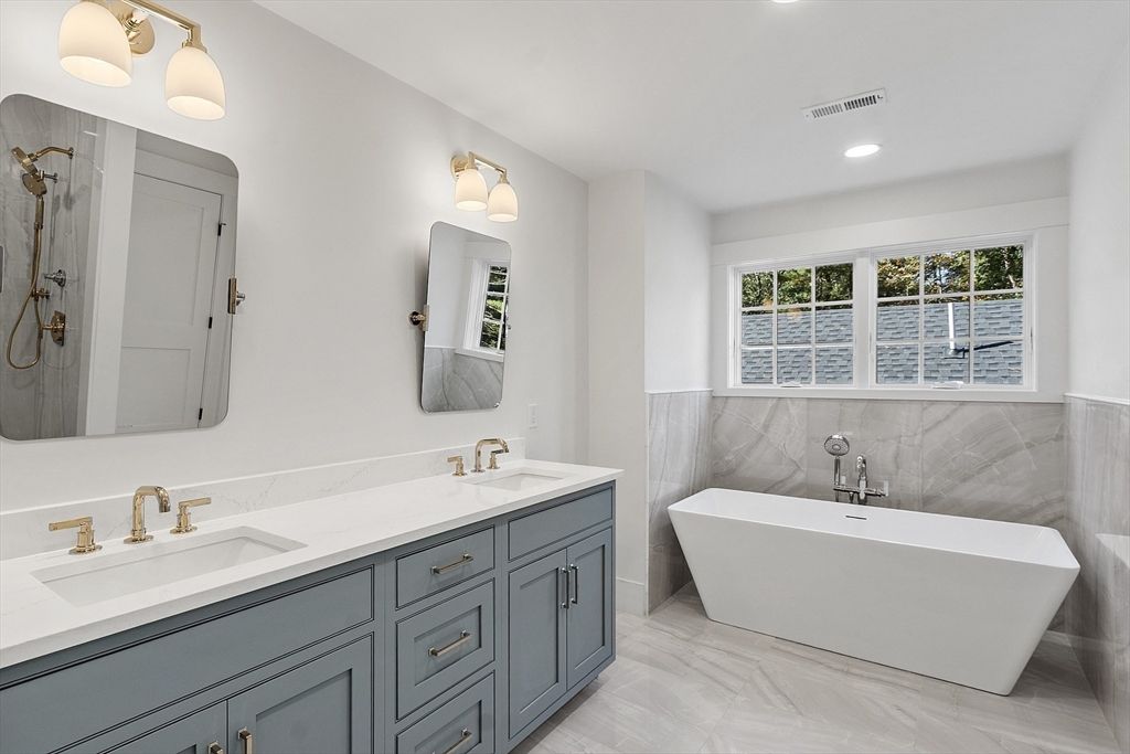 Bathroom, Dual Sink Vanities, Free Standing Baths, Interior, Marble, Marble Walls, Recessed Lighting