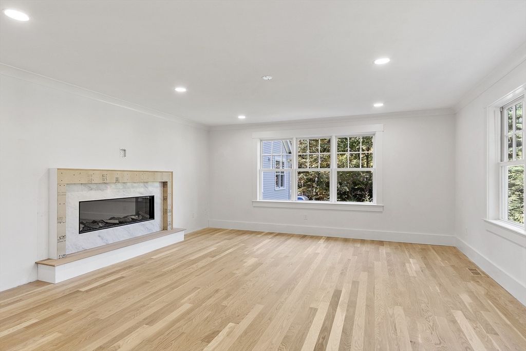 Empty room, Fireplace, Interior, Recessed Lighting, Wood Texture Flooring