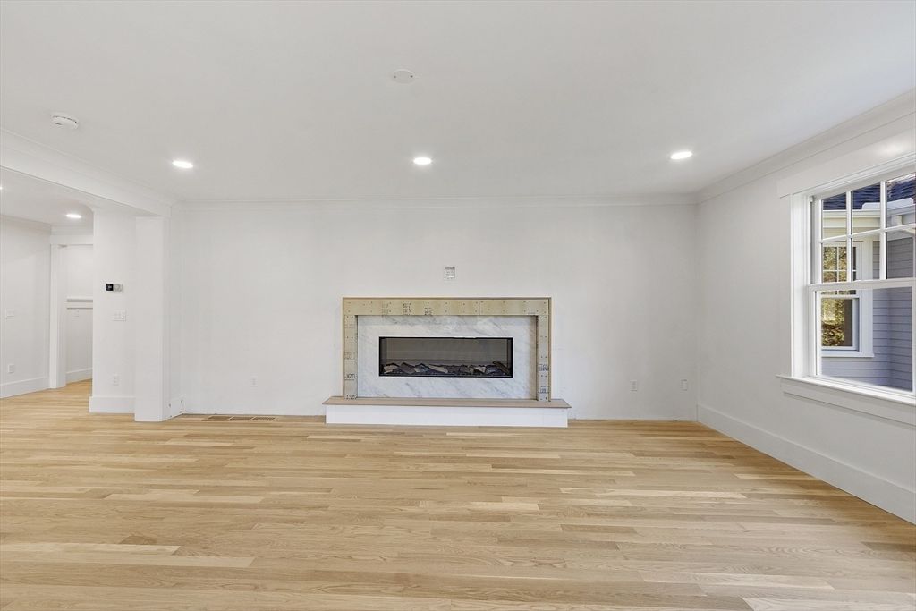 Empty room, Fireplace, Interior, Recessed Lighting, Wood Texture Flooring