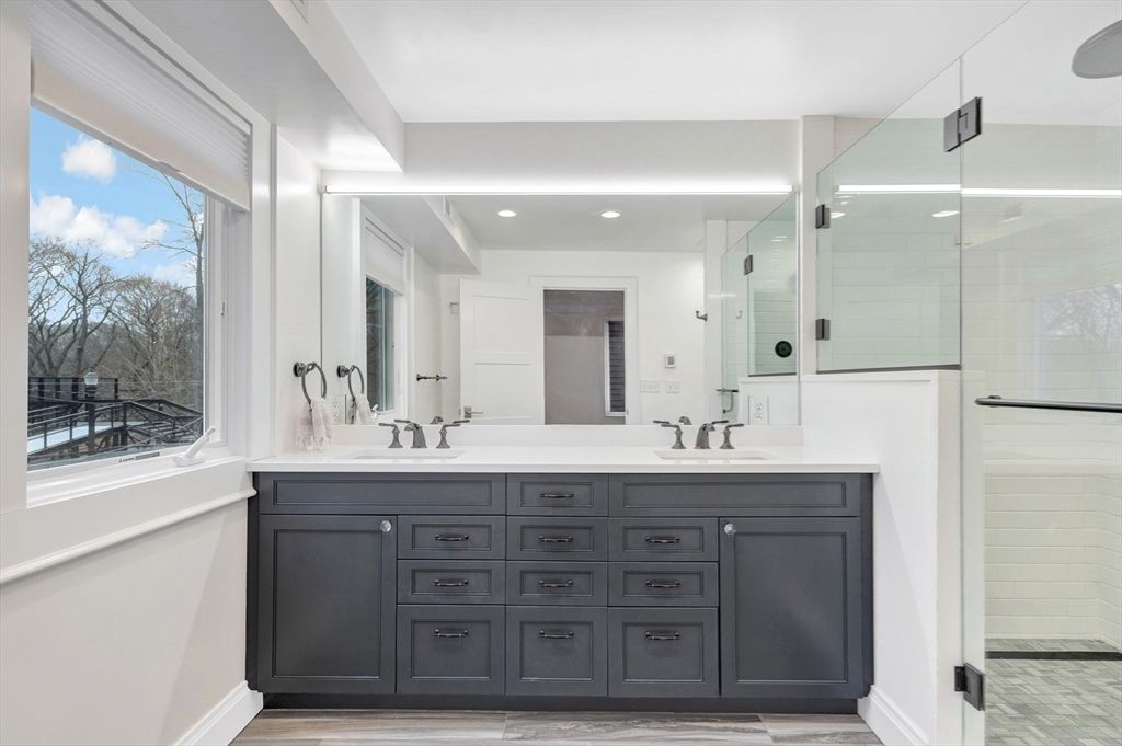 Bathroom, Dual Sink Vanities, Glass Shower, Interior, Marble, Recessed Lighting