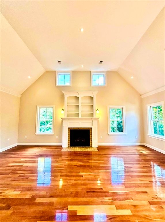 Empty room, Fireplace, Interior, Recessed Lighting, Wood Texture Flooring