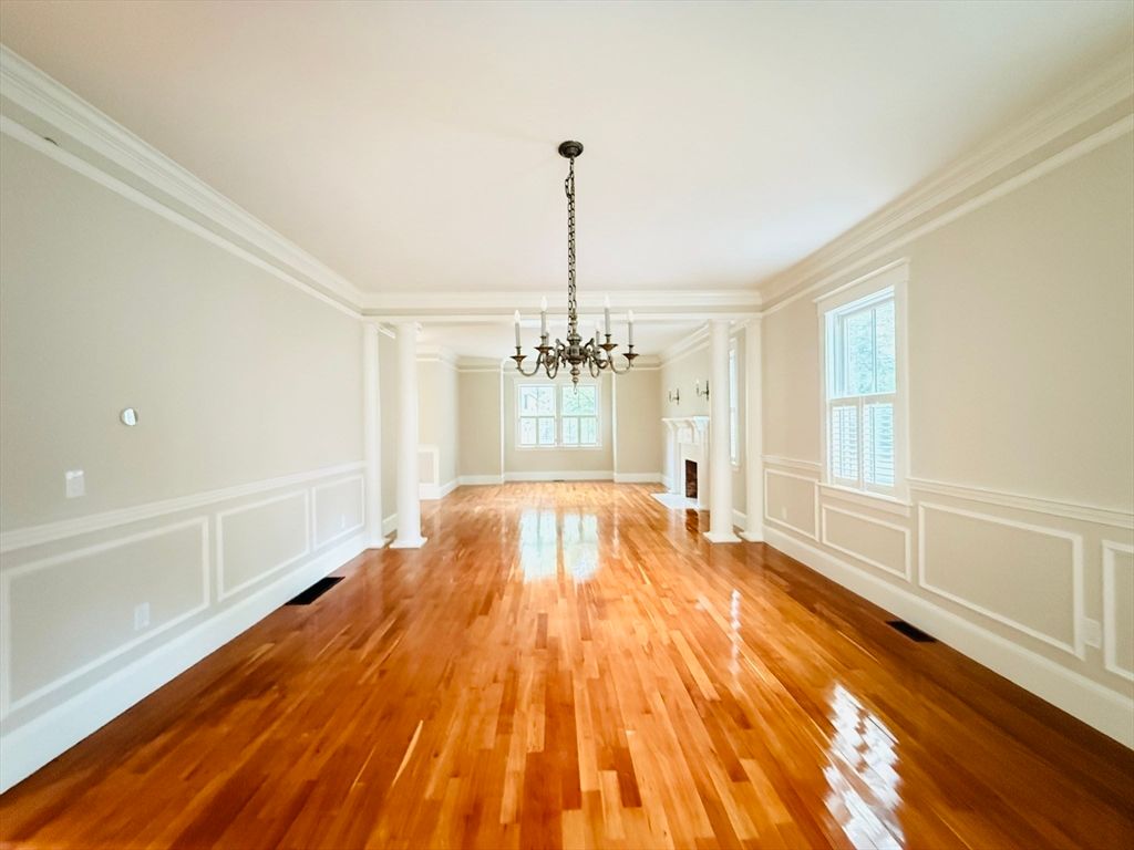 Chandelier, Empty room, Fireplace, Interior, Pendant Lights, Wood Texture Flooring