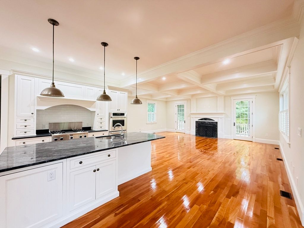 Empty room, Fireplace, Interior, Kitchen, Pendant Lights, Recessed Lighting, Wood Texture Flooring