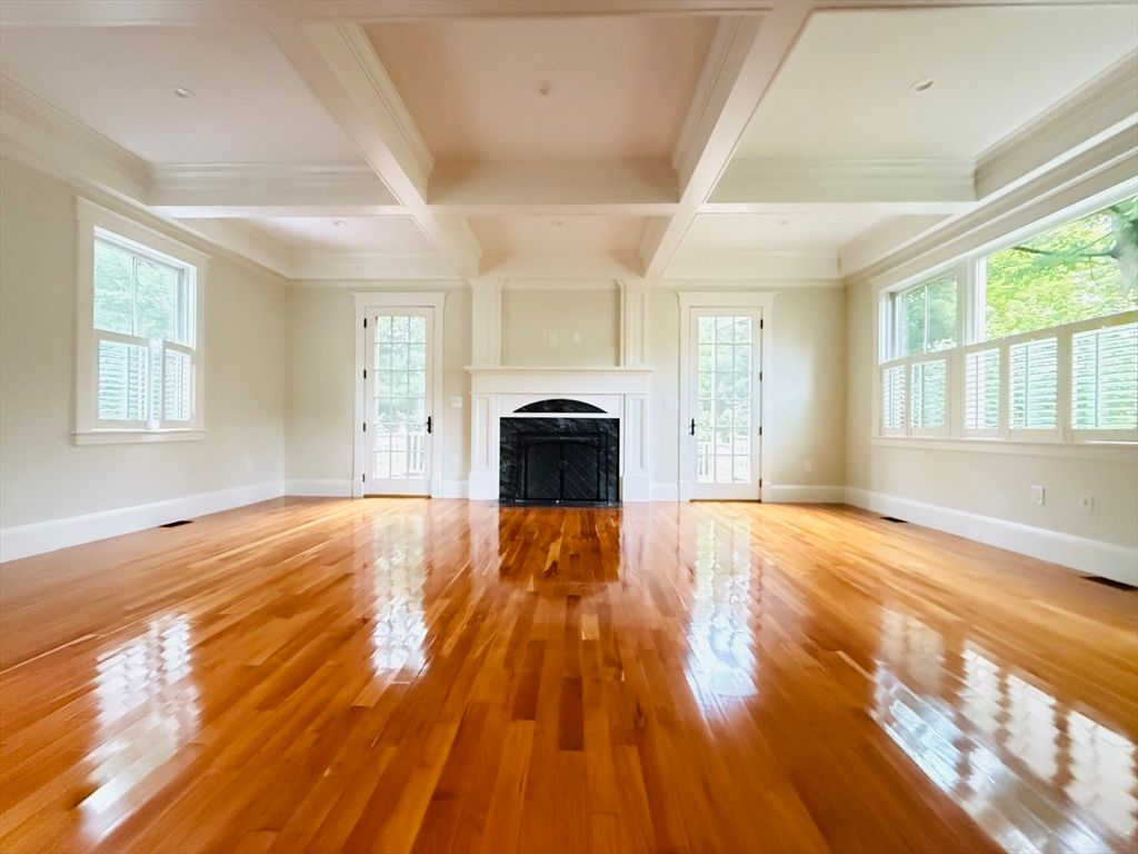 Empty room, Fireplace, Interior, Recessed Lighting, Wood Texture Flooring
