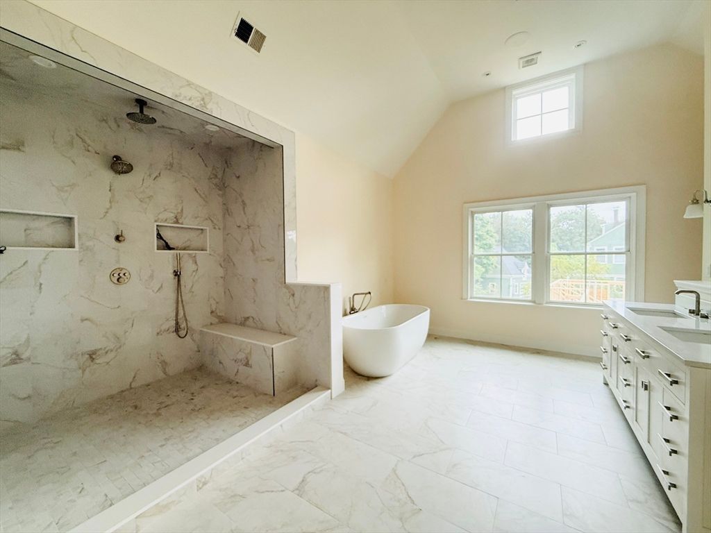 Bathroom, Dual Sink Vanities, Free Standing Baths, Interior, Marble, Marble Walls, Recessed Lighting